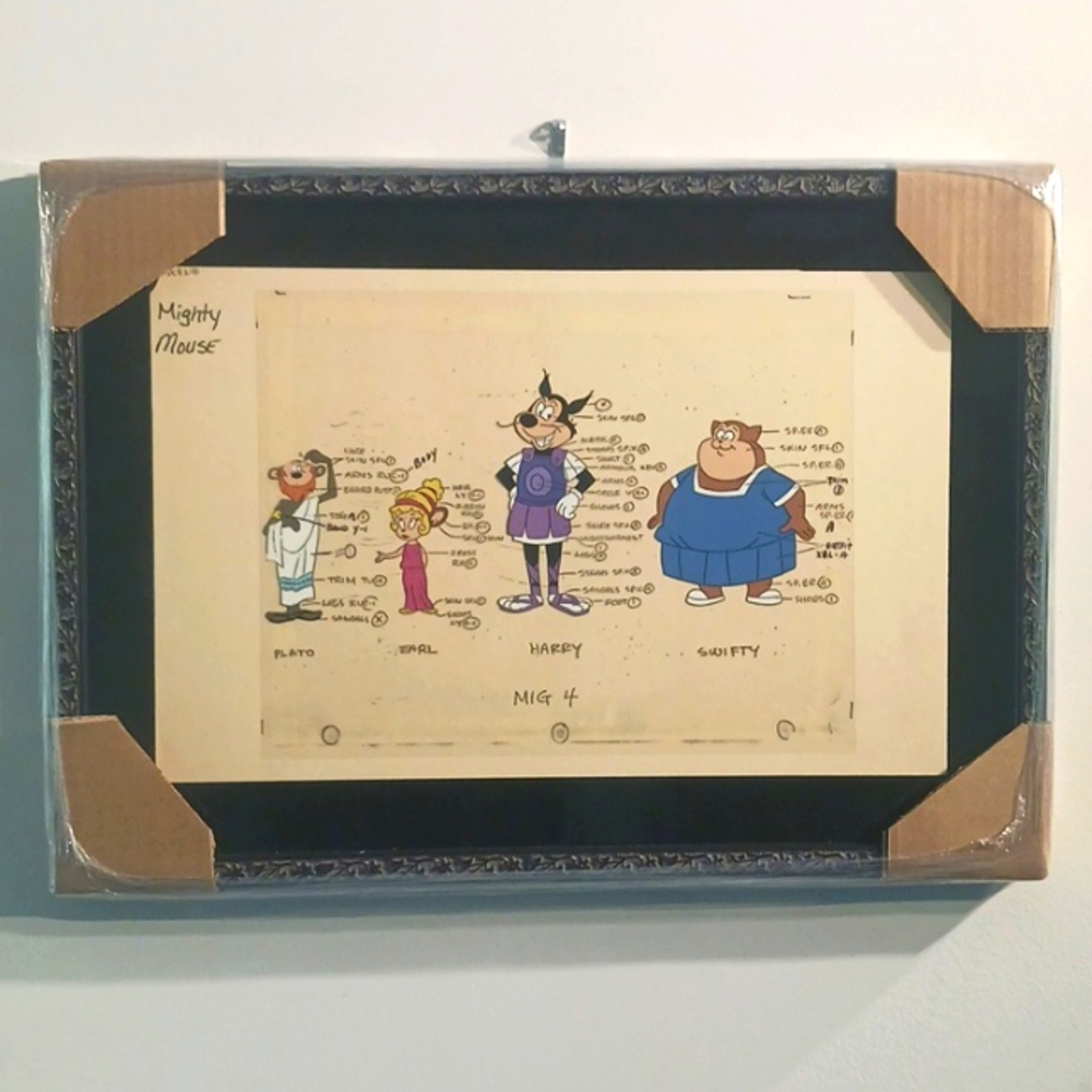 MIGHTY MOUSE ANIMATION CELL +SHEET FILMATION-FRAMED ,13"×18.25", Multicolor.